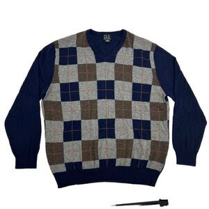 Jos A Bank Executive Sweater Men XL Blue Checker V-Neck Lambs Wool Nylon‎ Blend